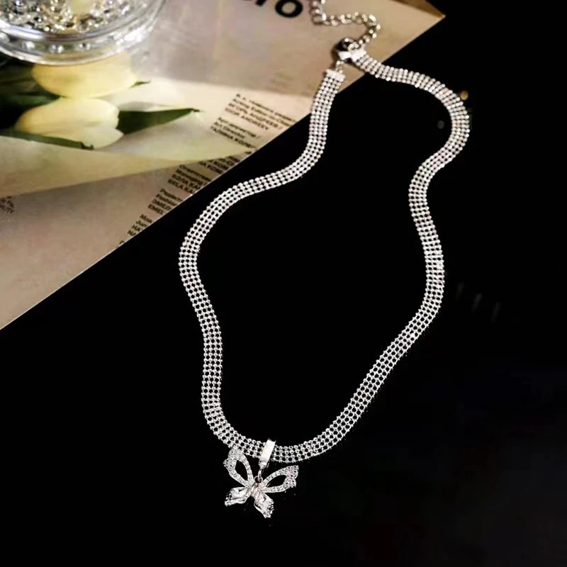 钛钢大理石吊坠 高级感多层圆珠链蝴蝶吊坠项链简约锁骨链