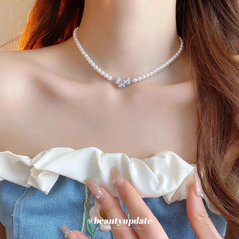 铜合金仿珍珠项链 蝴蝶结锆石项链时尚优雅高级感锁骨链项饰女