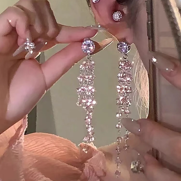 钛钢耳饰 cili芭蕾粉~甜美复古轻奢粉色水晶耳环长款流苏气质耳钉