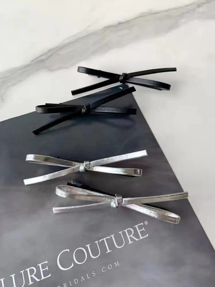 皮质蝴蝶结发夹女简约高级黑色甜酷侧边夹刘海夹发卡边夹发饰头饰