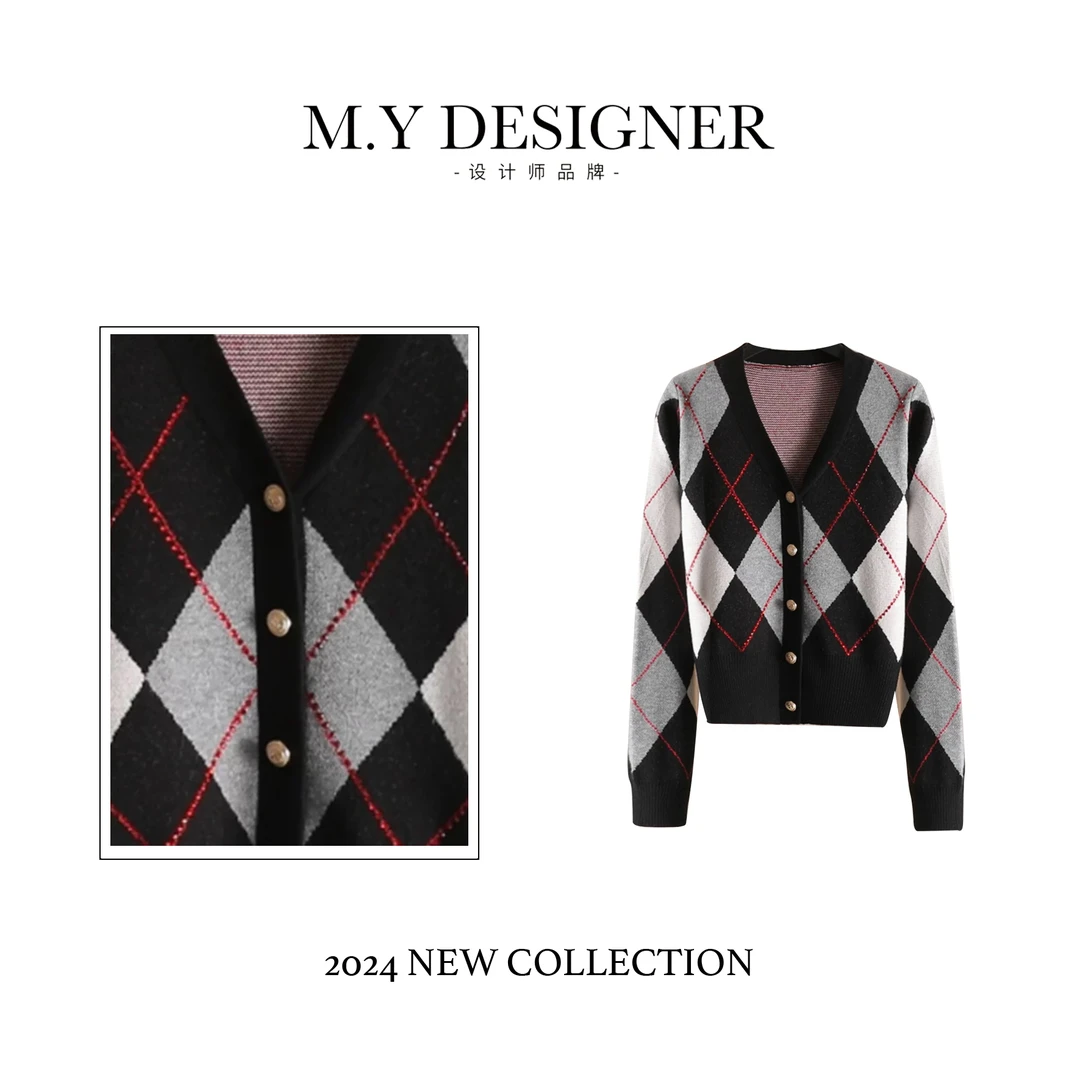 M.Y媛总 重工串珠菱格V领针织开衫D-23766