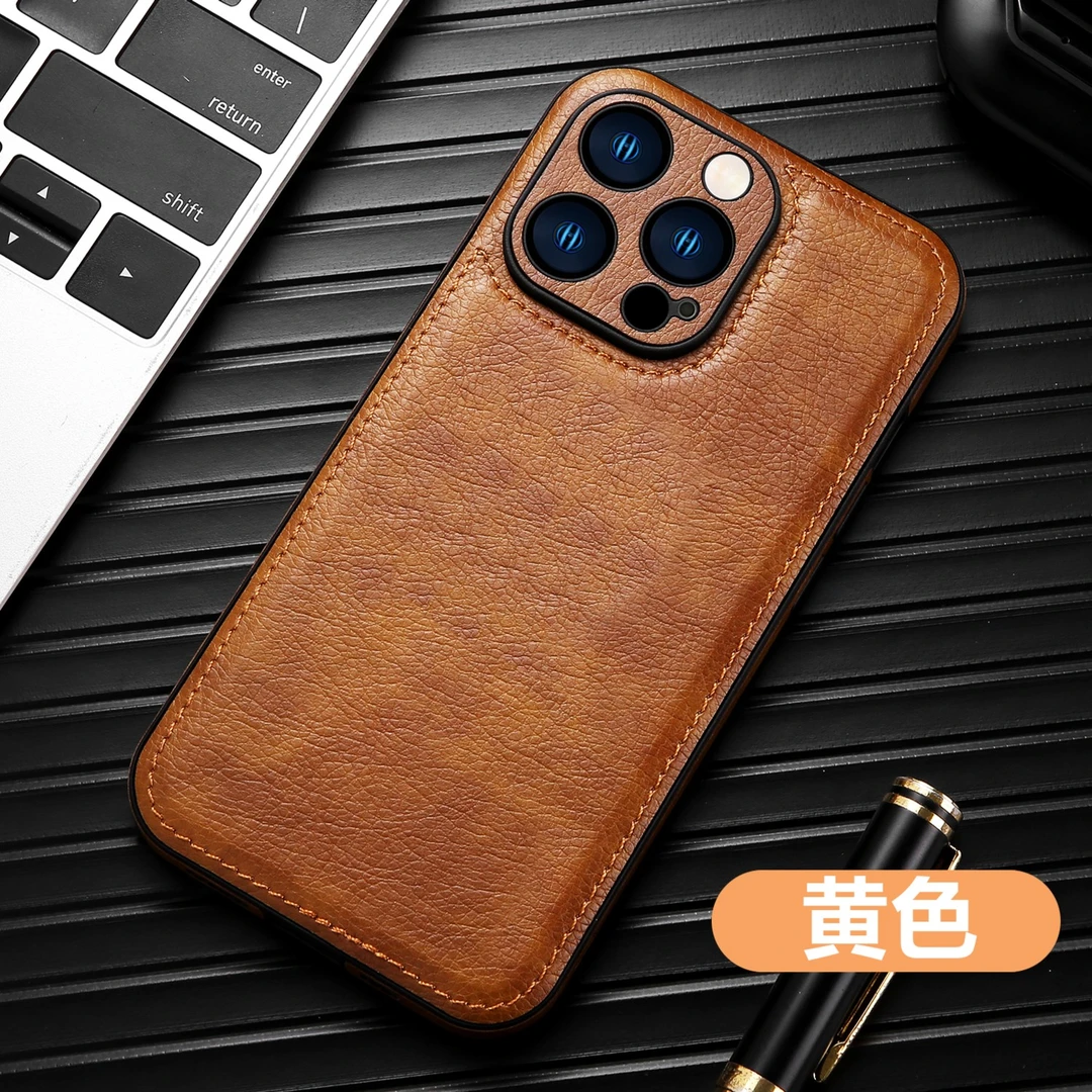 适用苹果16ProMax简约皮纹手机壳全包防摔iPhone15/12/11商务皮套
