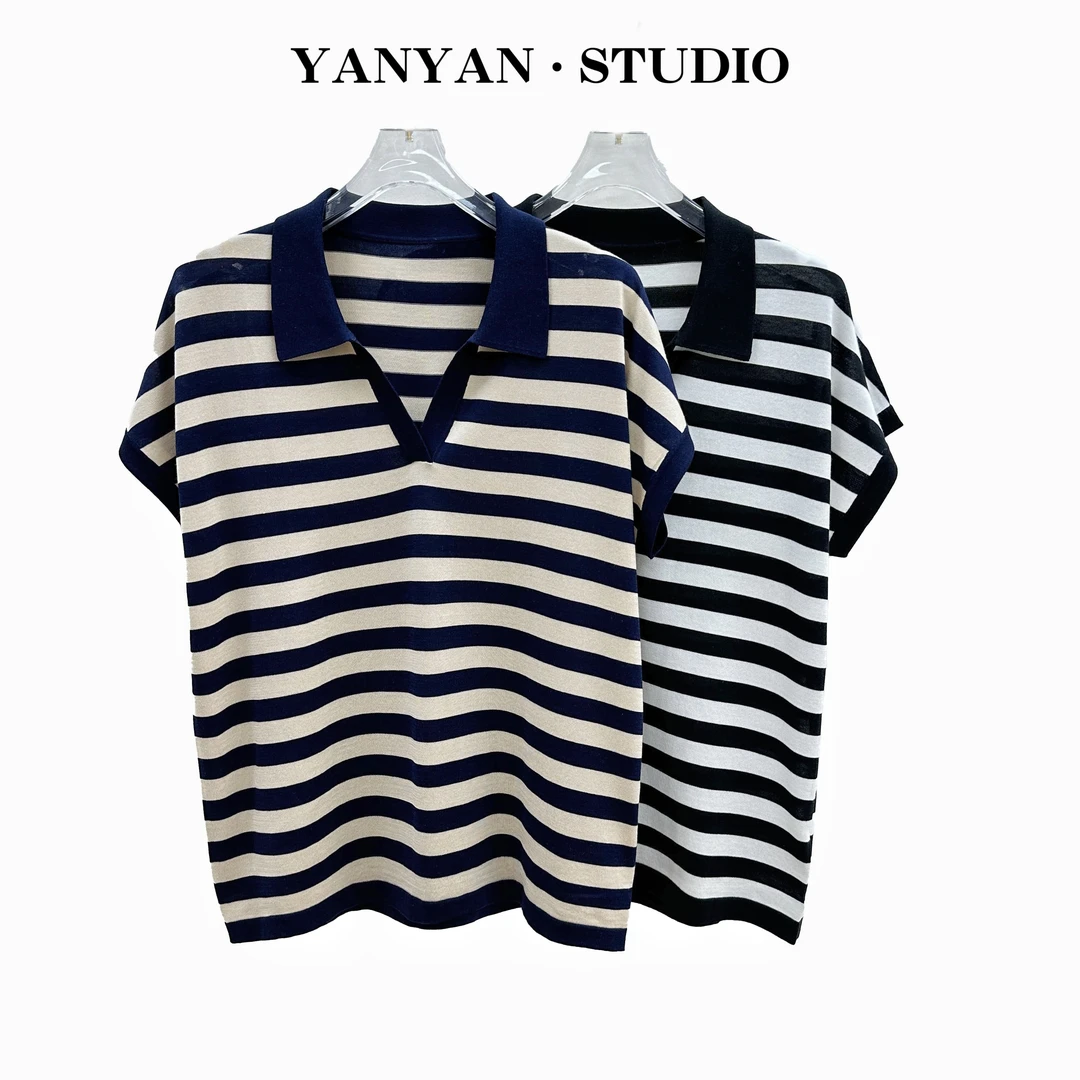 【妍妍精选女装】2025夏季新款显瘦时尚感蚕丝混纺V领针织衫条纹