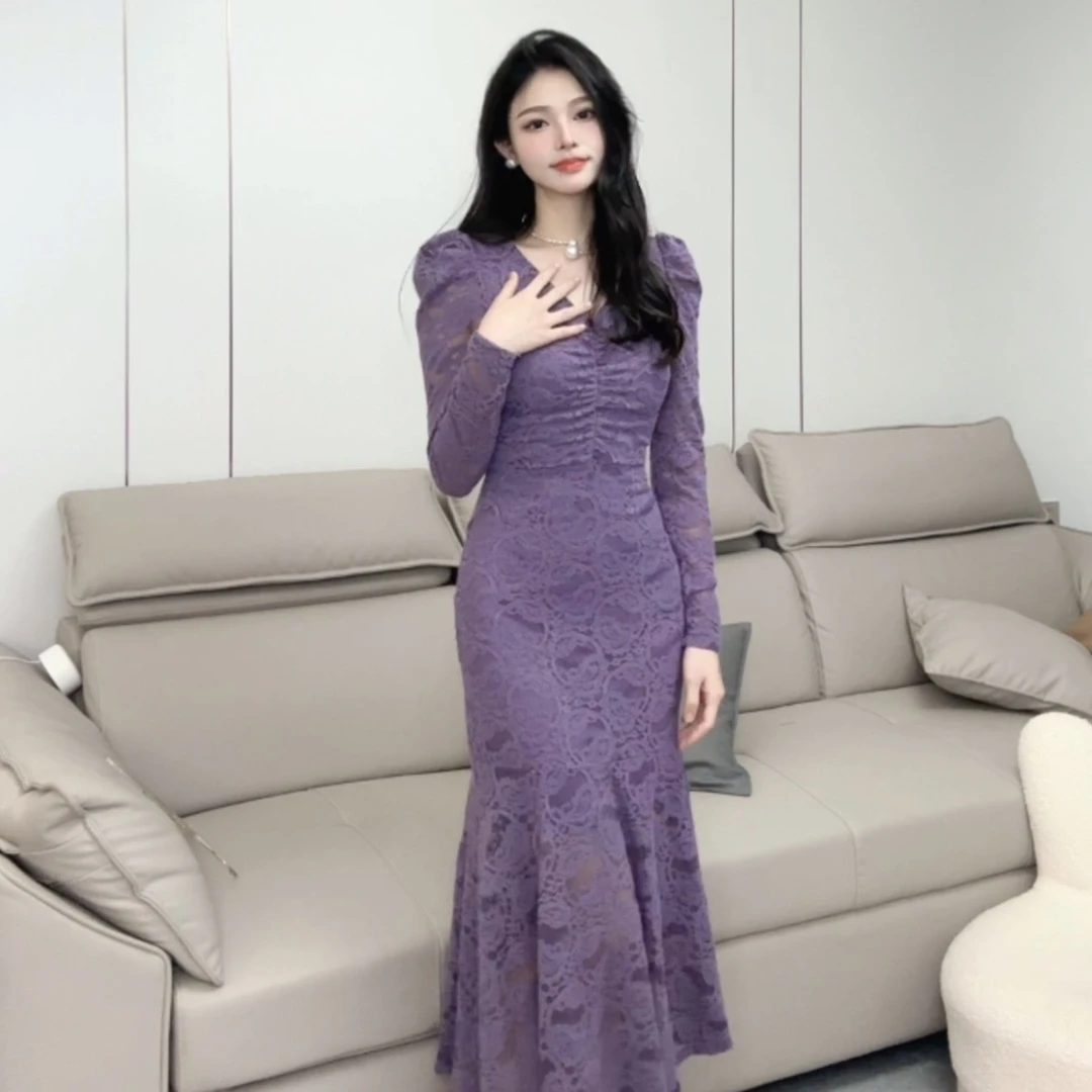 533佐米家气质长款修身秋冬时尚复古法式显瘦收腰蕾丝连衣裙