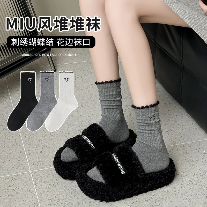 蝴蝶结袜子女秋冬季灰色中筒袜木耳花边无骨袜芭蕾风miu系堆堆袜