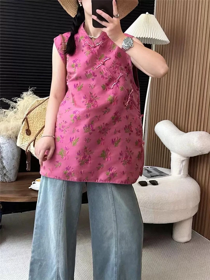 （喜悦）正品新中式国风盘扣马甲衬衫女2024名媛玫红色花朵