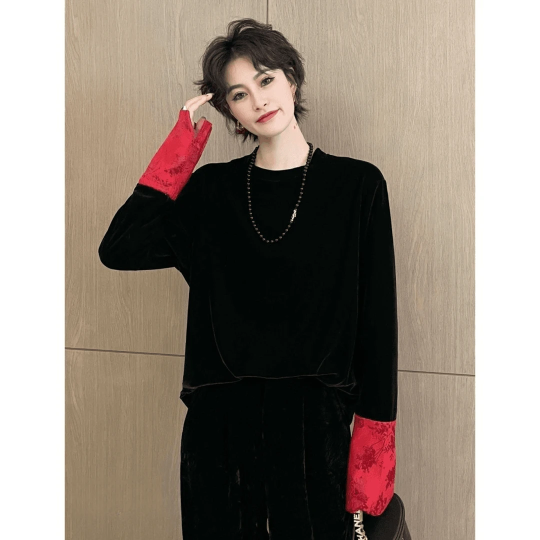 (随喜)+（草木生）轻奢国风复古缎面袖撞色丝绒拼接新款中式圆领衫