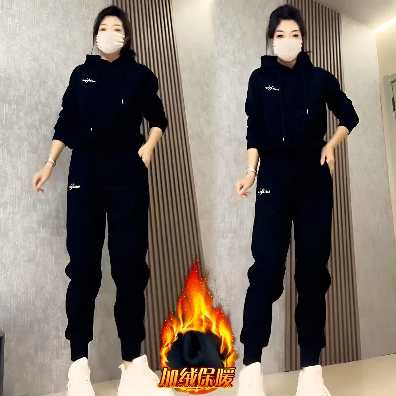 时尚休闲运动套装女秋冬新款宽松百搭加绒连帽卫衣休闲裤子两件套