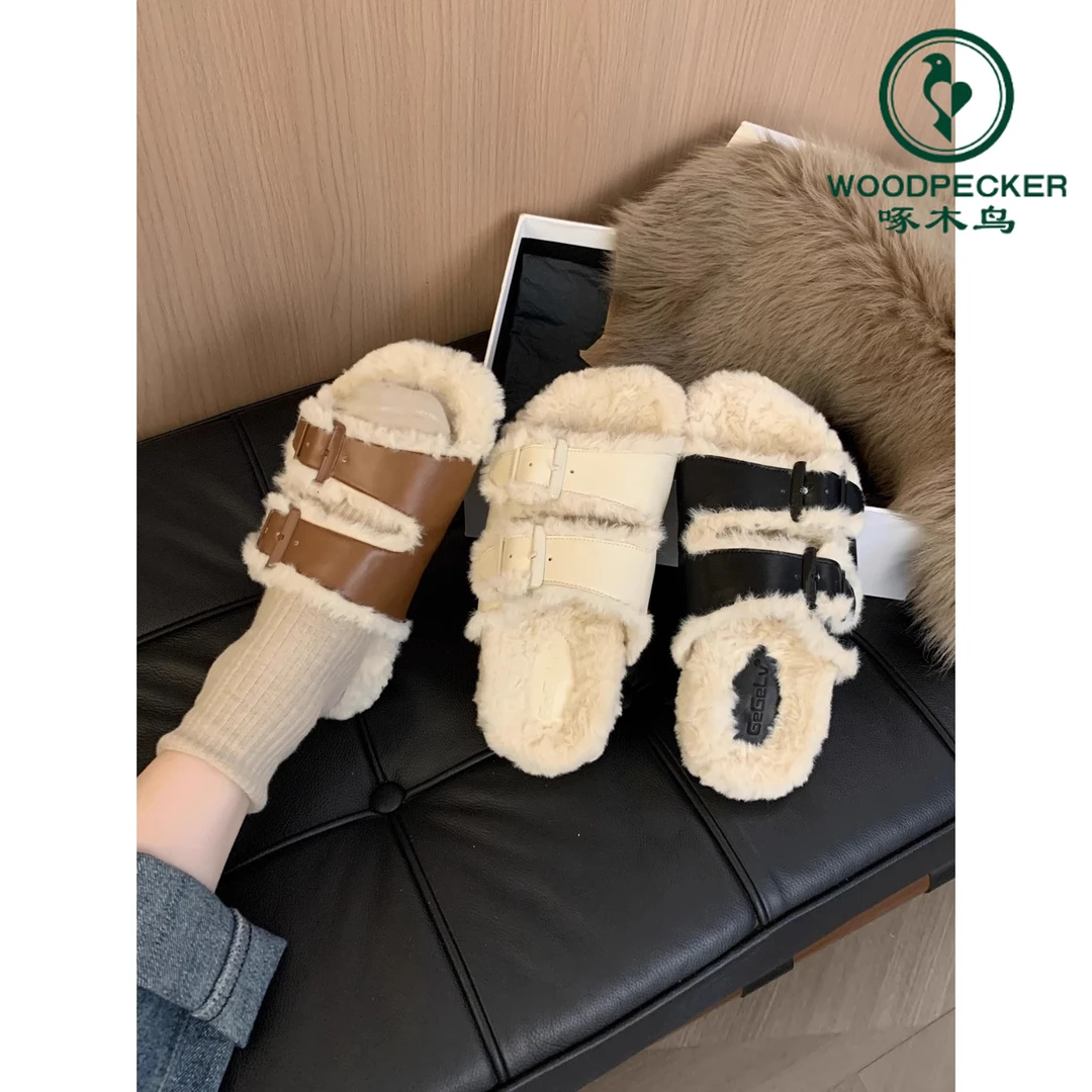 啄木鸟毛毛拖鞋女2024冬季法式气质时尚仙女风平底加绒棉拖勃肯鞋