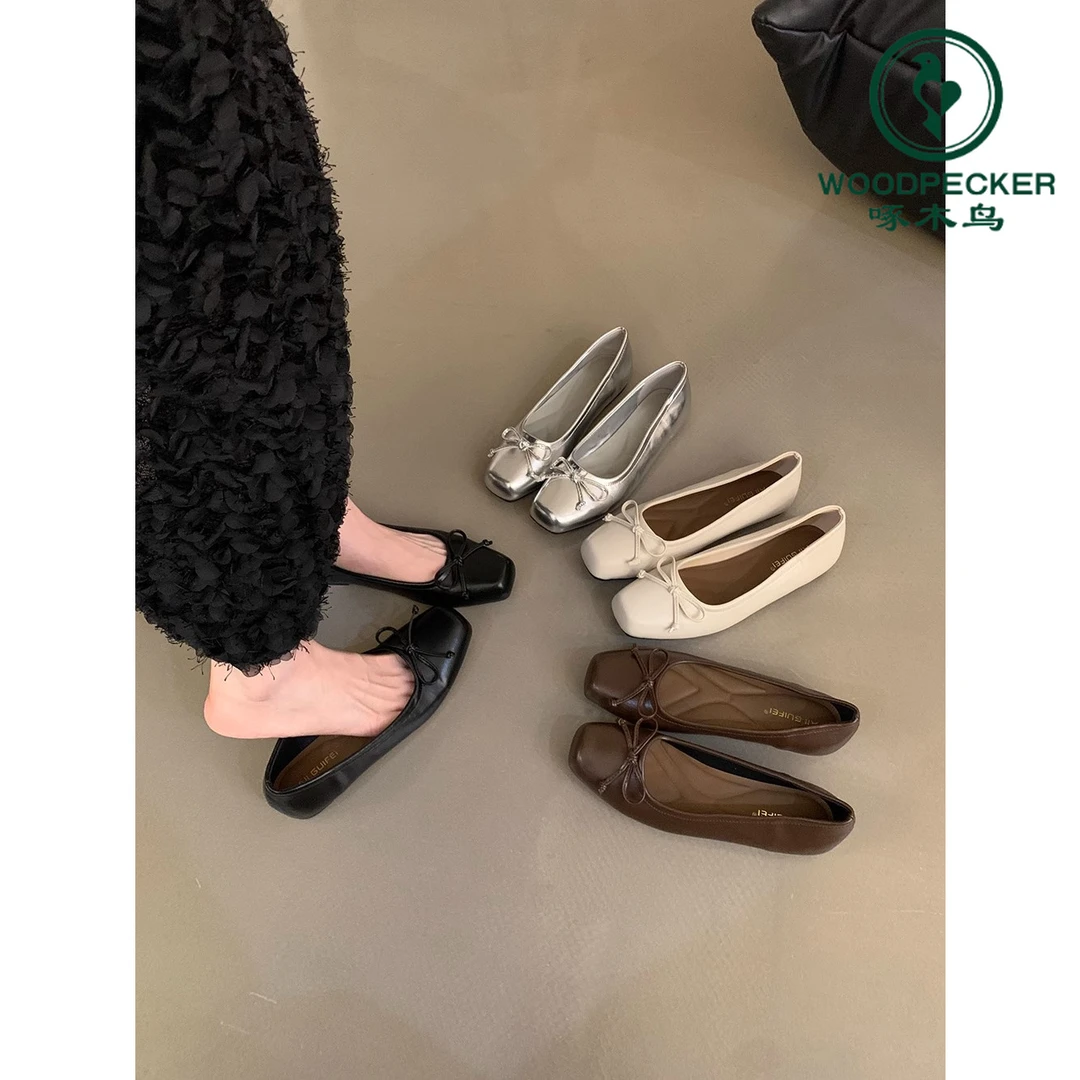 啄木鸟晚风温柔蝴蝶结瓢鞋平底奶奶鞋春夏法式复古软底单鞋女鞋