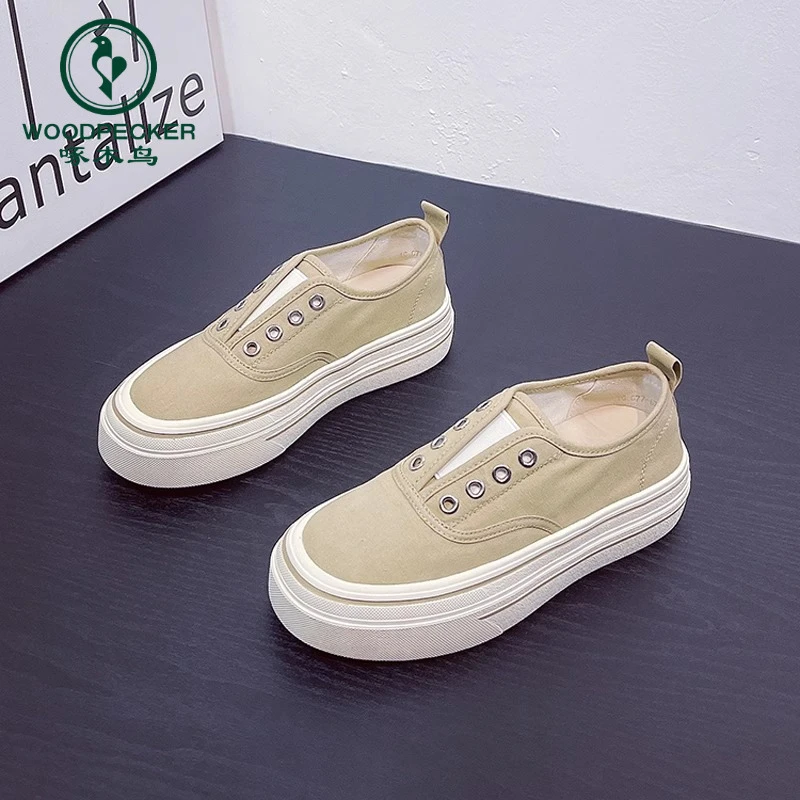 啄木鸟厚底一脚蹬帆布鞋女2025夏季新款透气百搭休闲无系带小白鞋