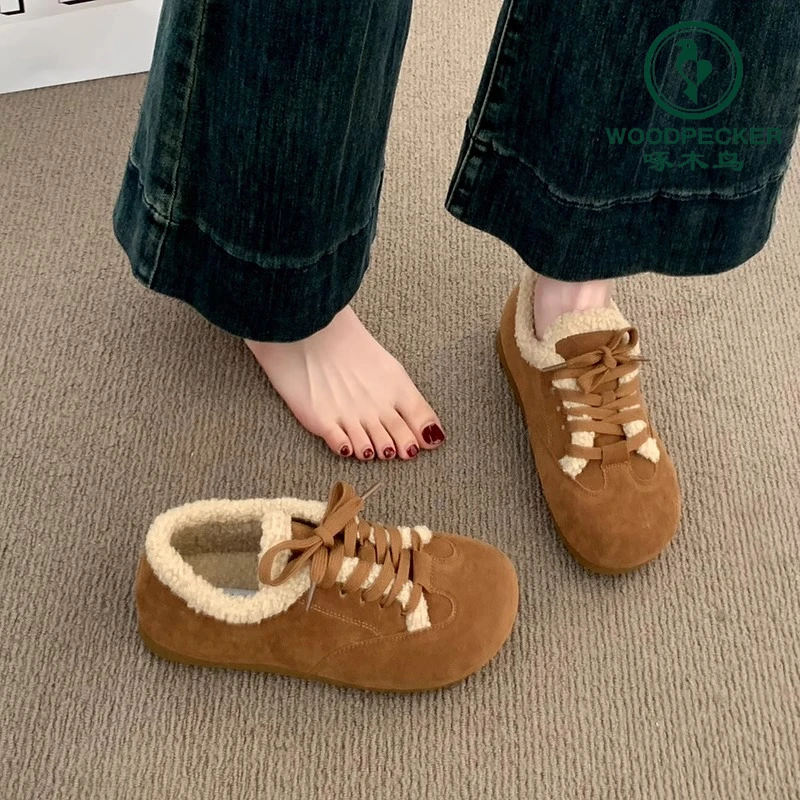 啄木鸟勃肯鞋女2025秋冬季新款加绒保暖复古毛毛棉鞋外穿豆豆鞋女