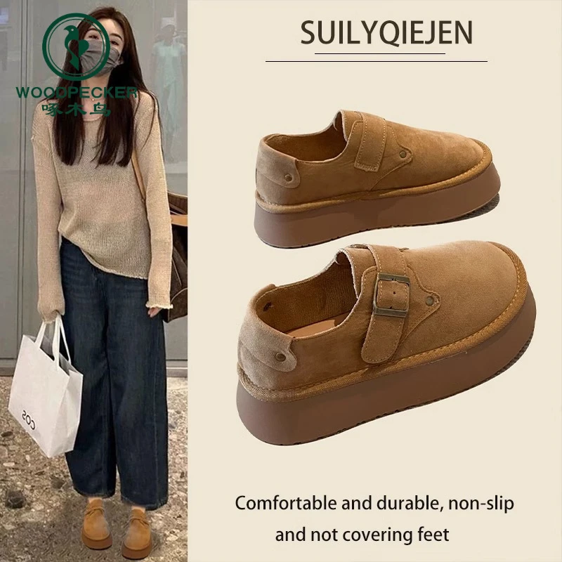 啄木鸟勃肯鞋女厚底单鞋2025新款秋冬季乐福鞋复古增高一脚蹬女鞋