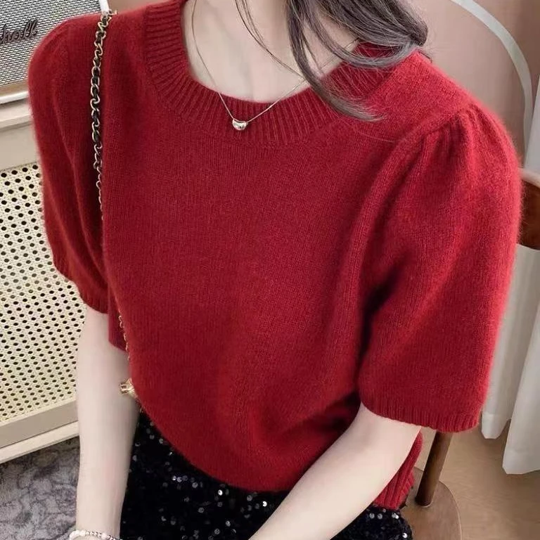 早春圆领短款女毛衣针织衫宽松显瘦百搭气质中袖打底衫薄款套头洋