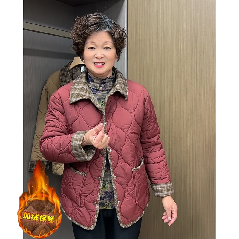 妈妈装冬季气质格子拼接棉衣加绒加厚中老年人减龄洋气保暖外套