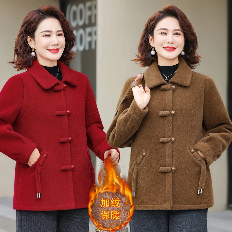 妈妈装冬季新款国风毛呢大衣加绒加厚中老年时尚保暖短款外套096