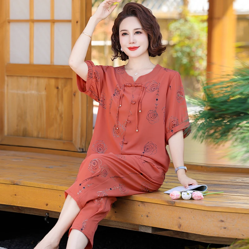 (上衣+裤子)夏季新款烫金花色套装时尚妈妈装中老年宽松两件套209