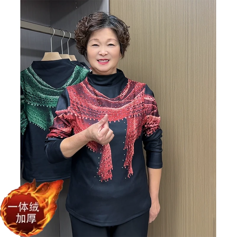 冬季新款半高领保暖加绒小衫3d时尚一体绒加厚洋气妈妈装减龄上衣