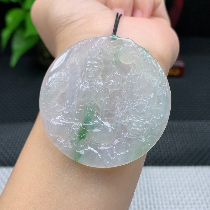 天然缅甸翡翠A货冰种祥龙观音吊坠玉石菩萨挂件29.57