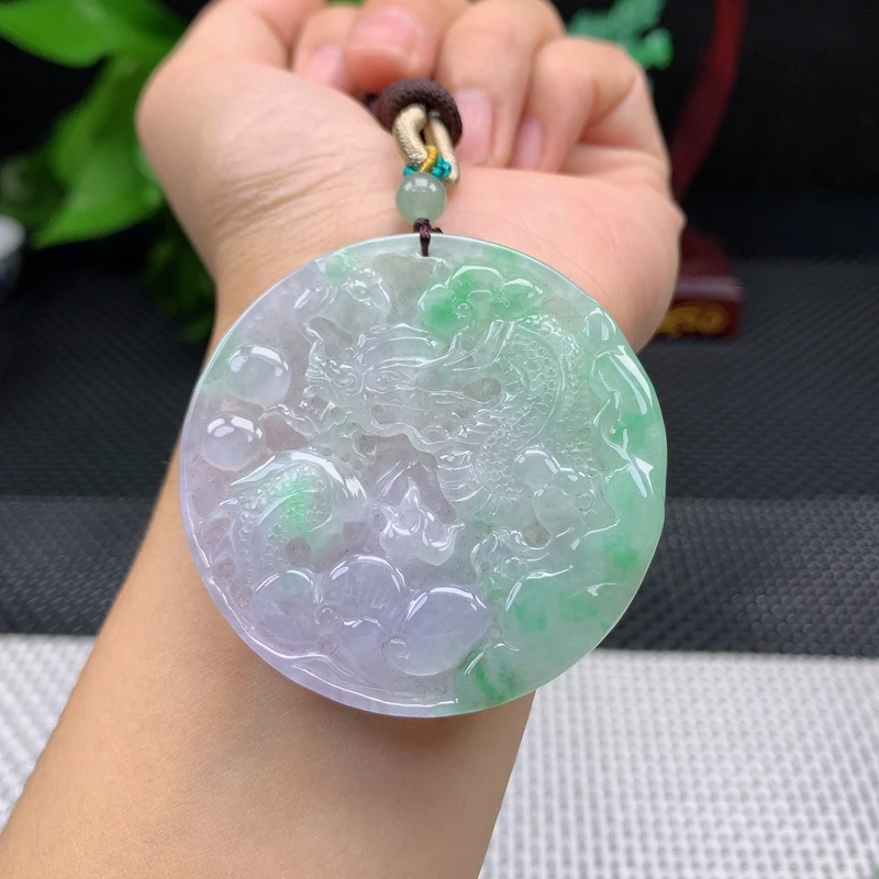天然缅甸翡翠a货春带彩双彩冰润龙牌吊坠玉石精雕挂件圆龙牌