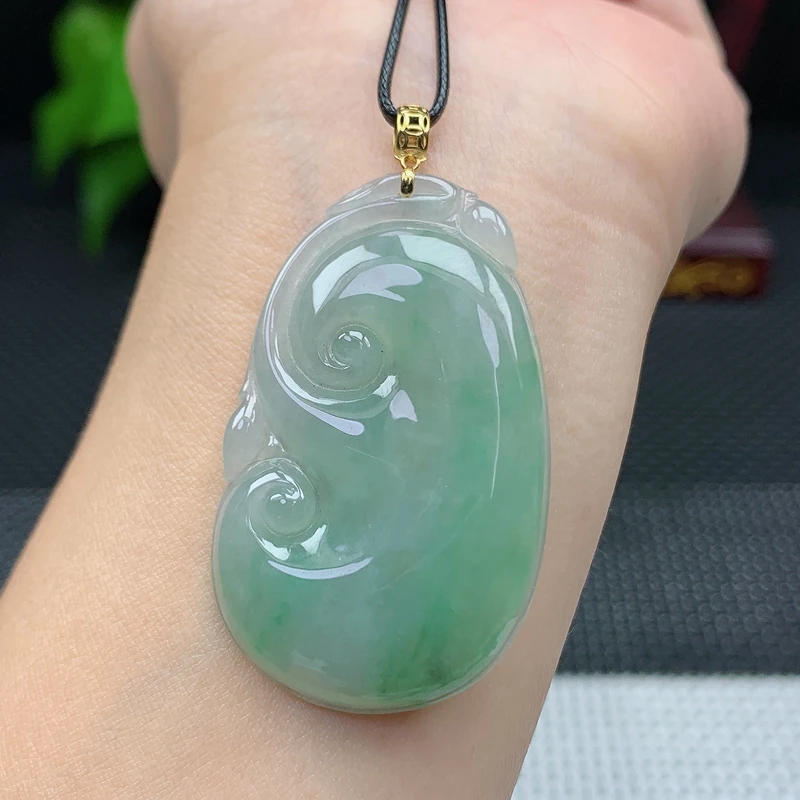 天然缅甸翡翠A货18k金扣如意吊坠玉石挂件13.81g