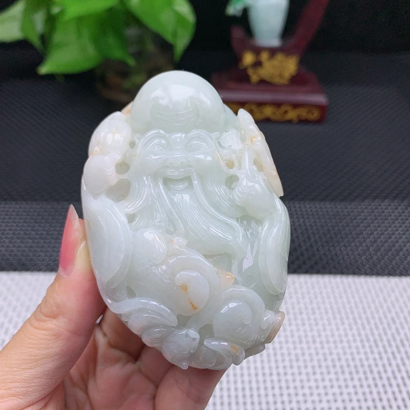 天然缅甸翡翠A货冰润双彩寿星公手把件玉石手玩件