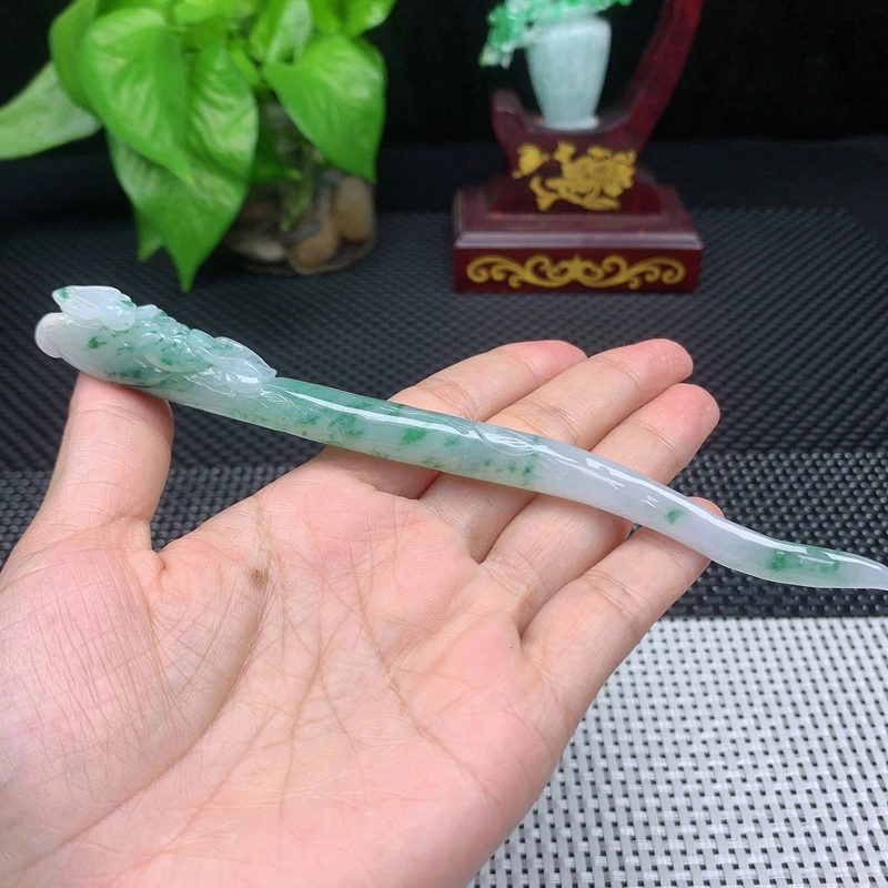 天然缅甸翡翠A货冰润飘花雕花发簪玉石汉服发饰小摆件精雕34.61