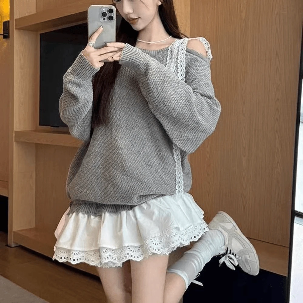 早秋季新款慵懒风露肩系带针织拼接假两件纯欲宽松气质长袖针织裙