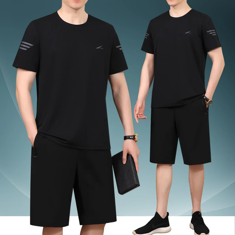 中老年运动套装男士夏季2023新款爸爸冰丝父亲圆领短袖短裤休闲服