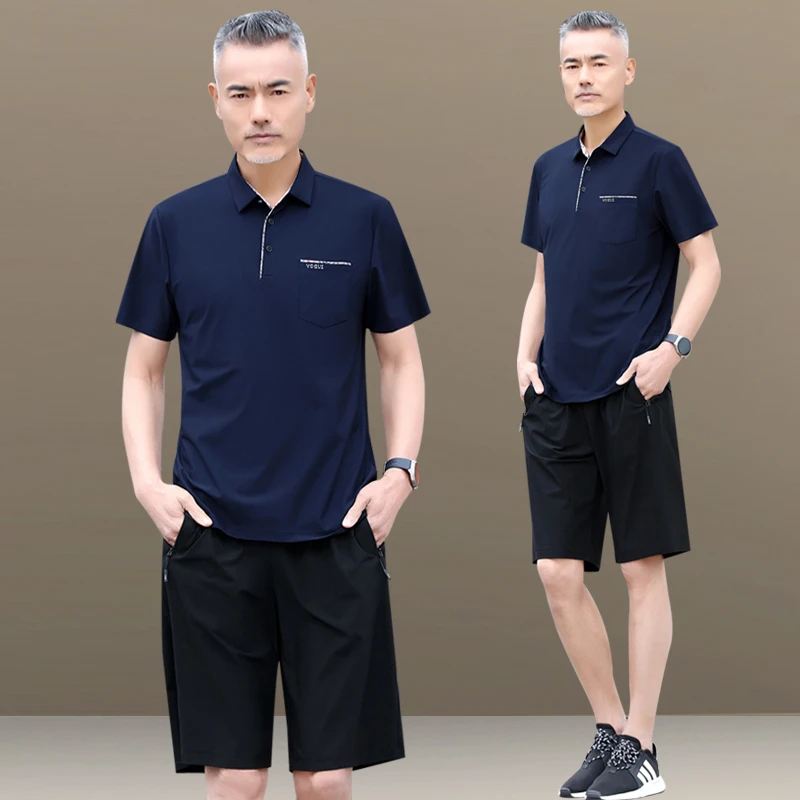 中老年运动套装男士夏季爸爸夏装冰丝短袖短裤2024新款父亲节衣服