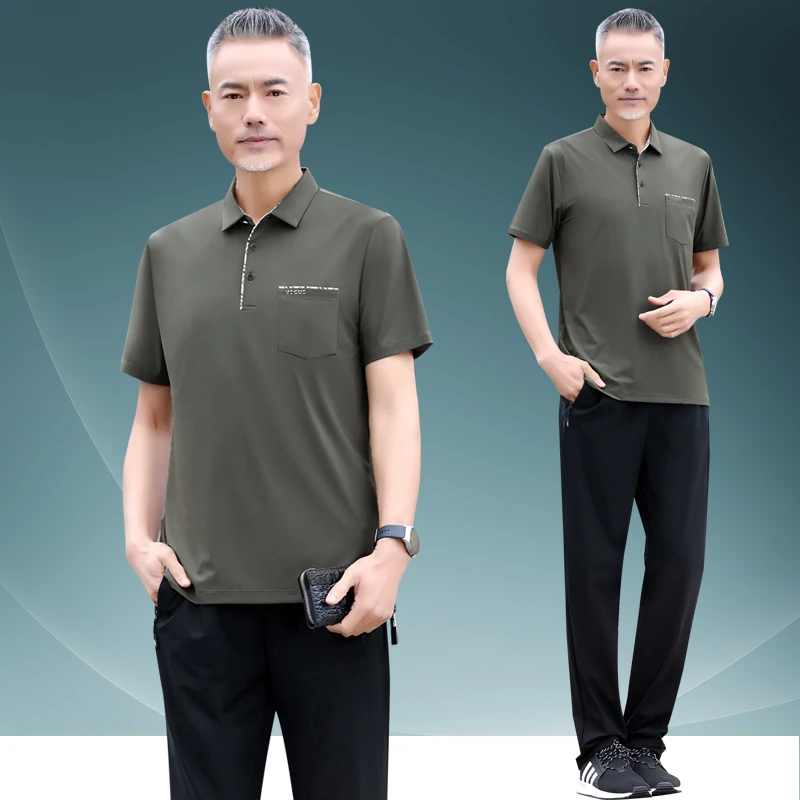 爸爸夏装套装冰丝POLO衫薄款休闲新款中老年短袖男士夏季运动套装
