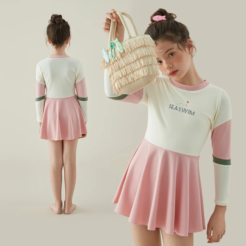 女童新款儿童连体裙式泳衣中大童可爱时尚泳衣泡温泉户外沙滩泳装