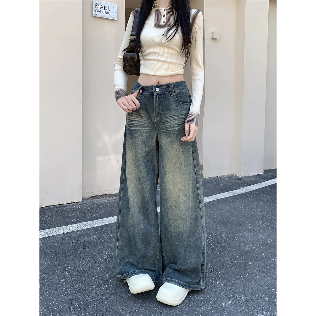 美式复古直筒牛仔裤女高腰阔腿裤拖地裤早秋水洗做旧裤子