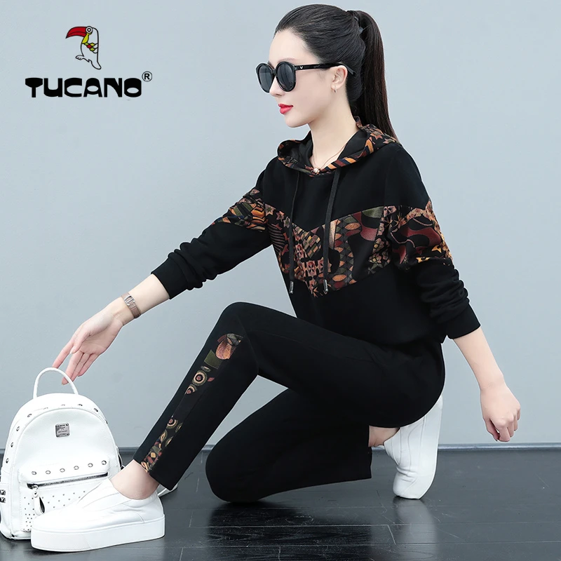 品牌2023新款女士休闲运动连帽时尚宽松洋气韩版卫衣两件套套装