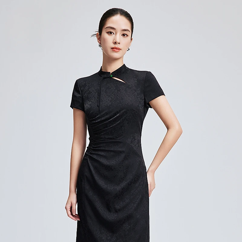 赢智尚高端桑蚕丝新中式连衣裙高端大气气质小黑裙ZF02694