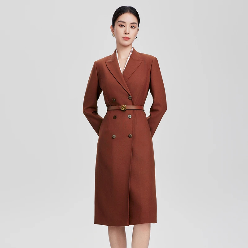 赢智尚焦糖色新款高端轻奢双排扣收腰显瘦中长连衣裙ZF02917