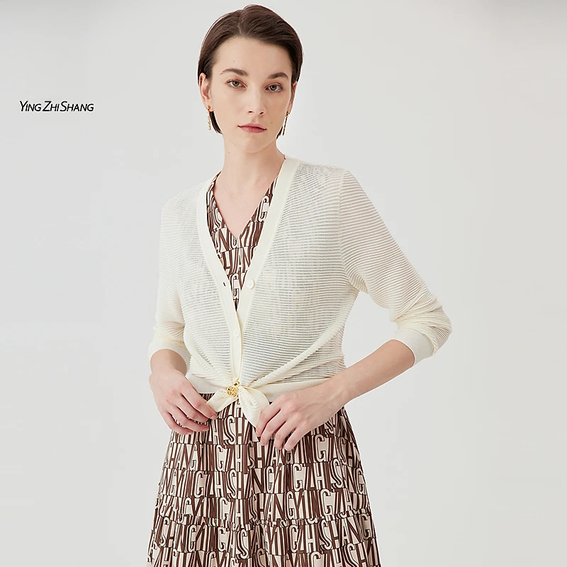 赢智尚春新款米杏色闪光棉针织开衫ZZ00368