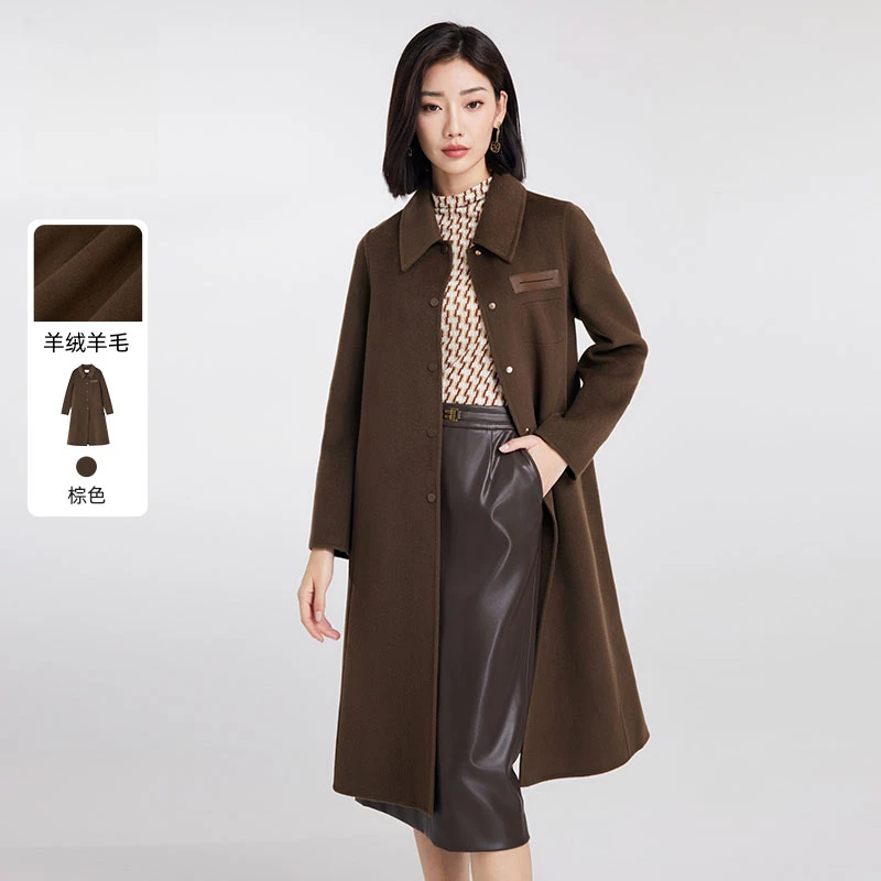 赢智尚气质双面呢羊绒羊毛大衣女棕色复古ZL00229