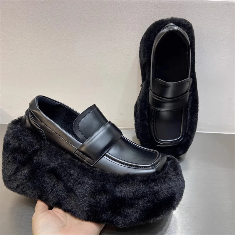 欧美增高休闲鞋增高9厘米毛毛方头小皮鞋一脚蹬厚底加绒女鞋