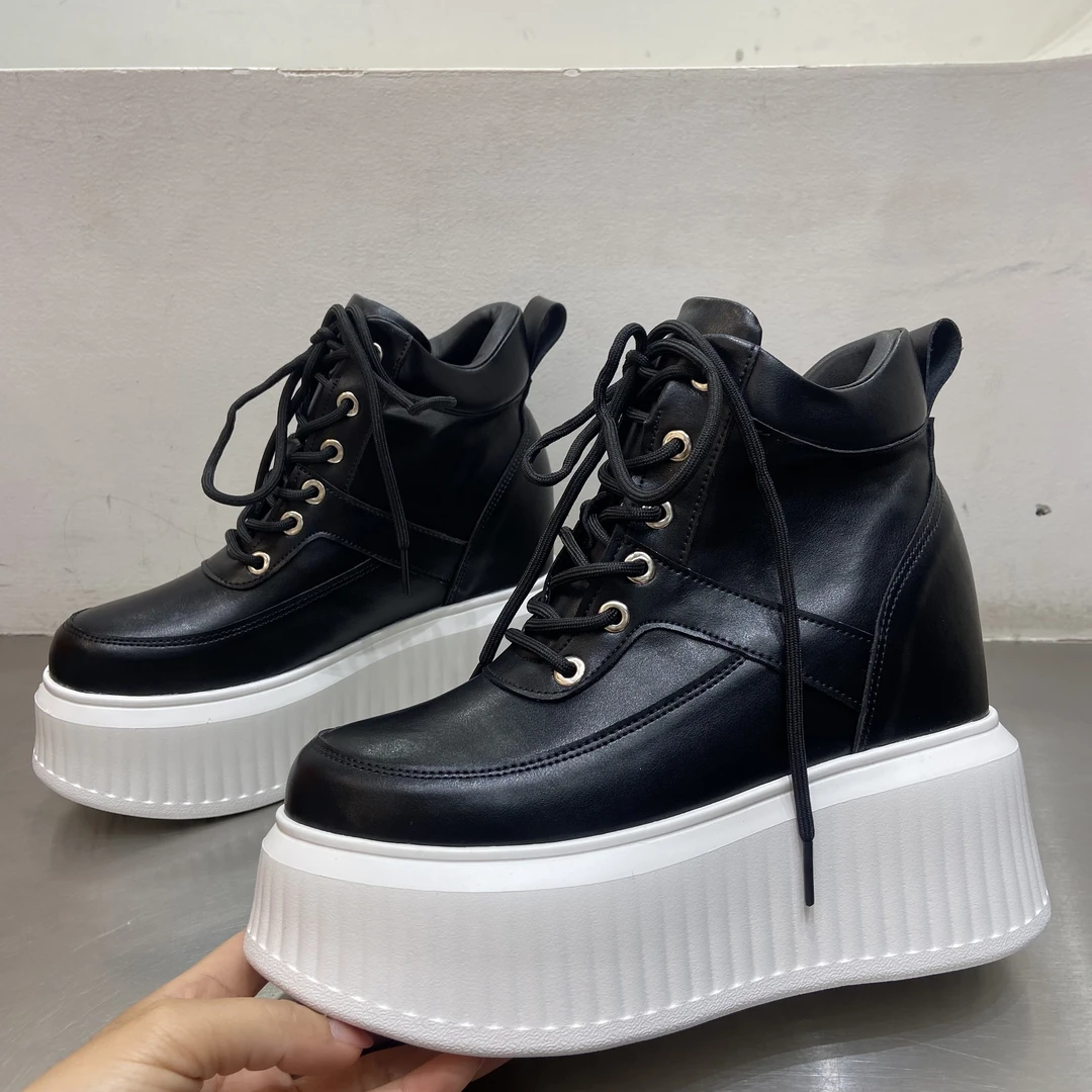 小个子增高13公分厚底圆头系带单鞋高帮坡跟真皮休闲百搭绑带女鞋