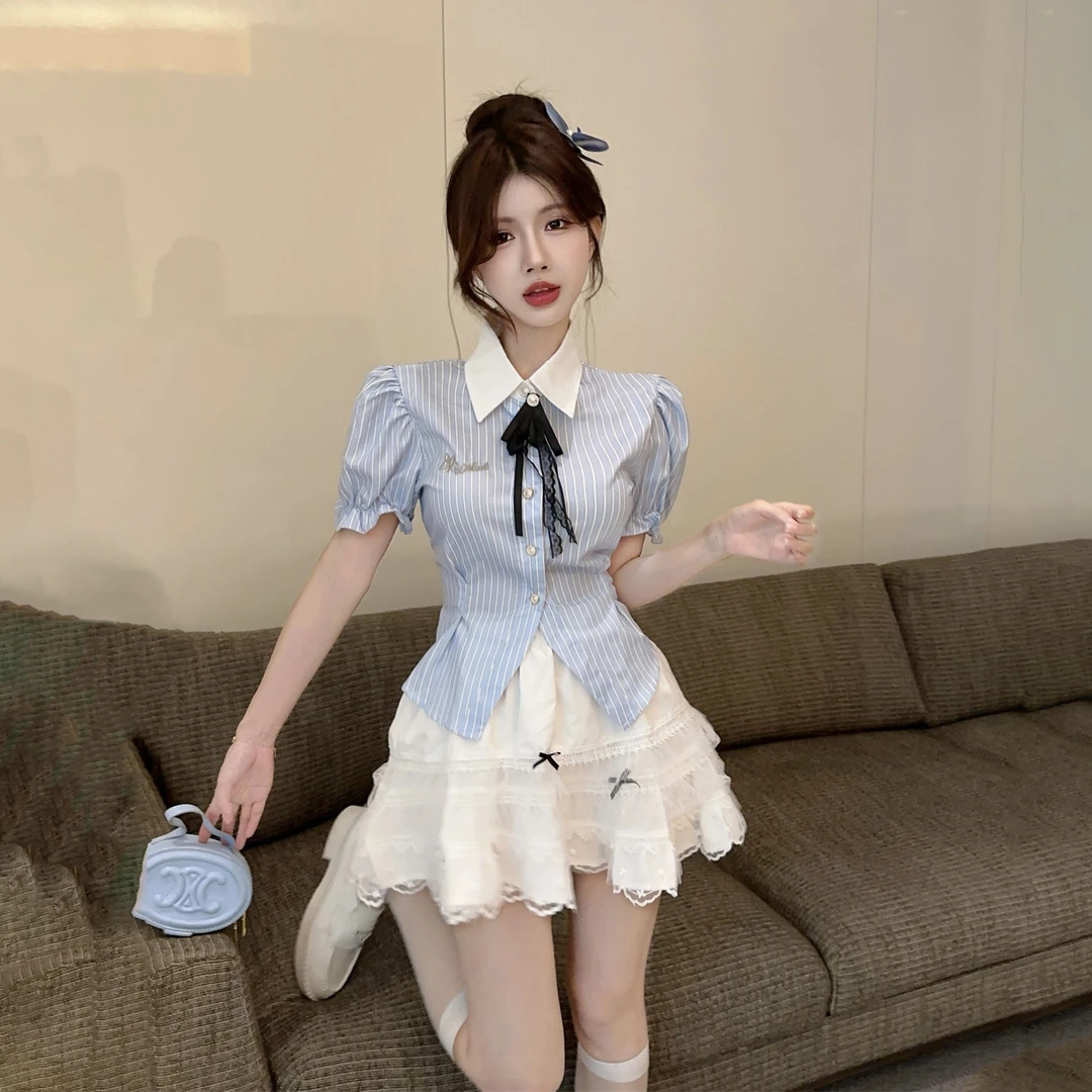 辣妹学院风收腰条纹衬衫女夏季设计感气质显瘦短袖衬衣甜美jk制服