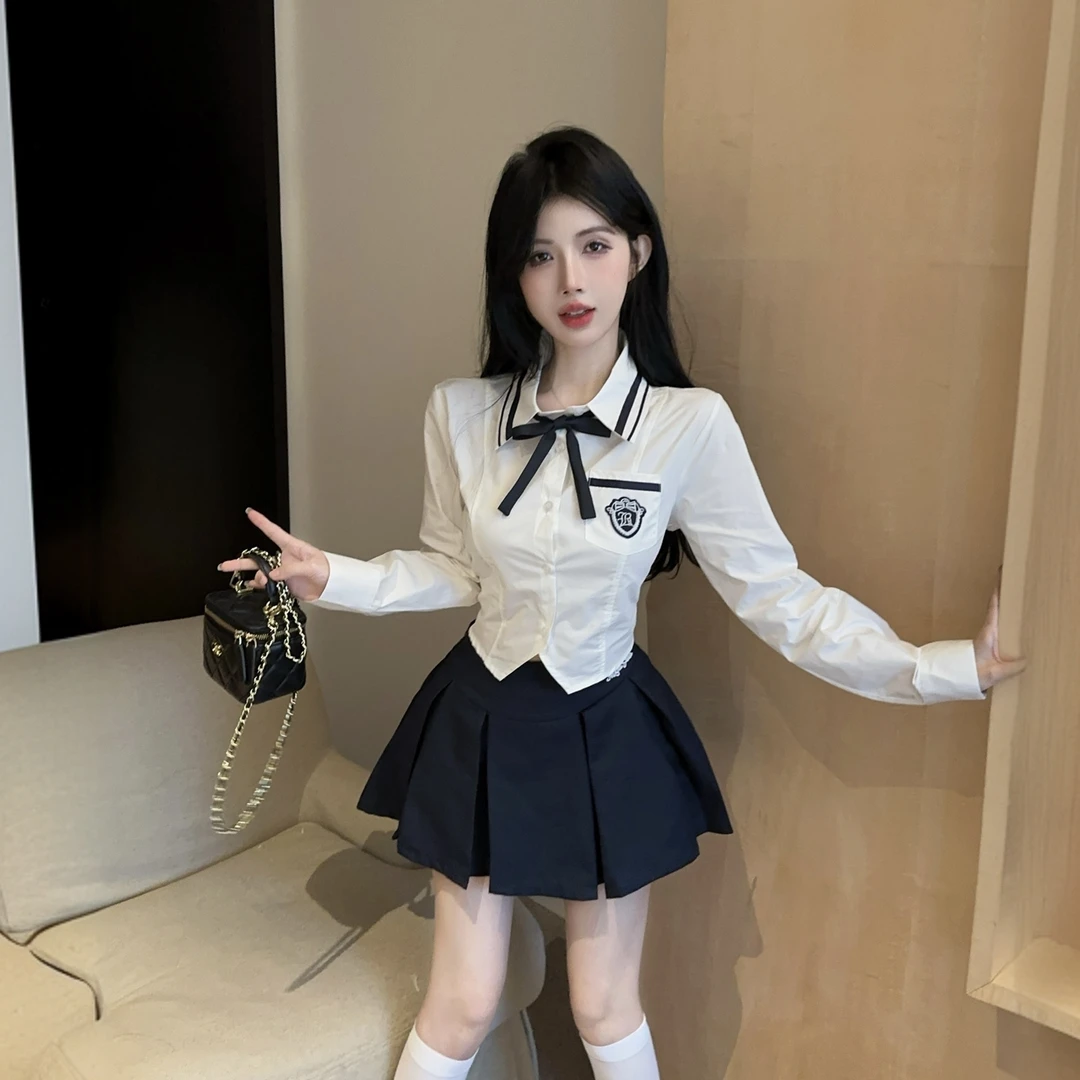 辣妹学院风jk制服套装秋季收腰显瘦长袖白色衬衫高腰百褶裙两件套
