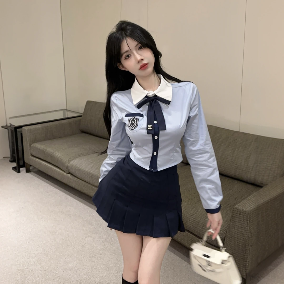 韩系学院风长袖蓝色衬衫女气质收腰显瘦短款衬衣辣妹jk百褶裙制服