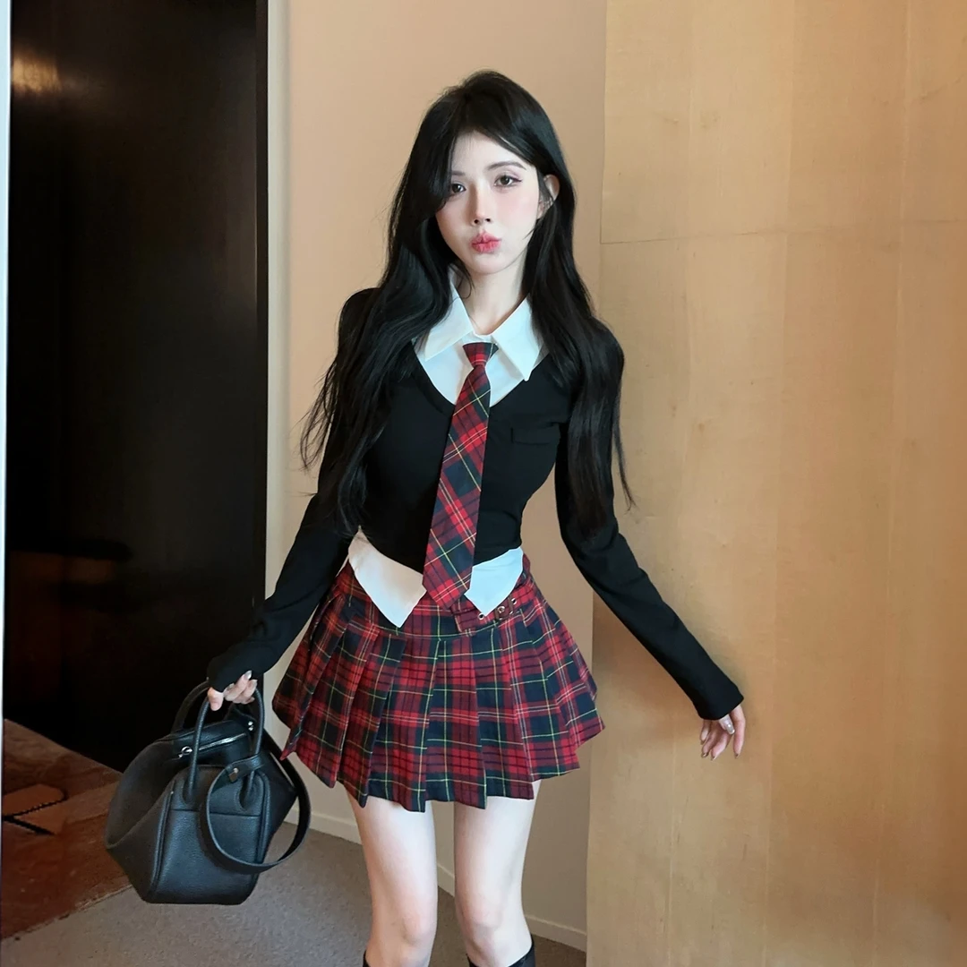纯欲学院风长袖辣妹套装秋季气质显瘦上衣高腰百褶裙jk制服两件套