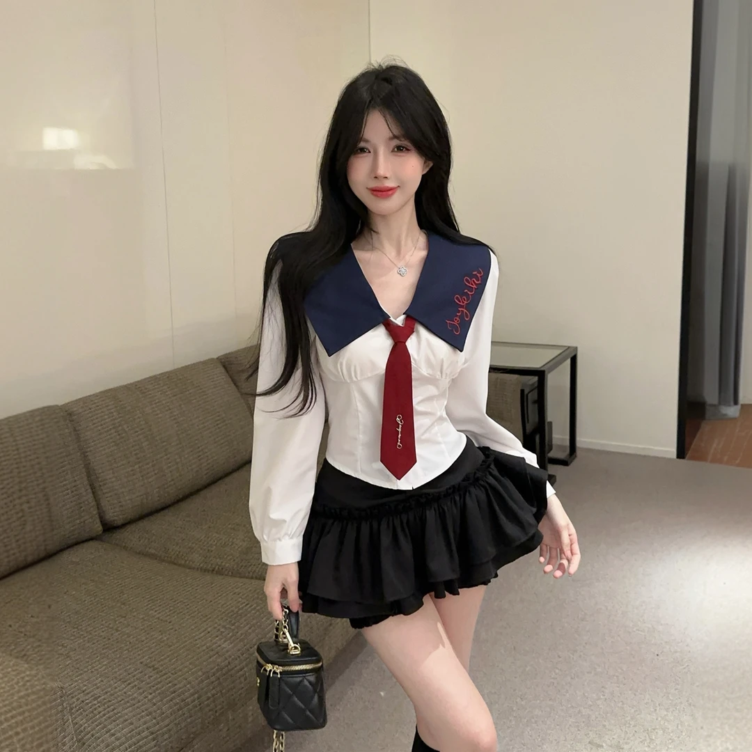 蓝色学院风辣妹套装秋季气质显瘦白色衬衫高腰蛋糕裙jk制服两件套