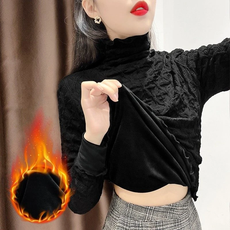 高领蕾丝打底衫女秋冬新款洋气加绒加厚保暖木耳网纱内搭上衣小衫