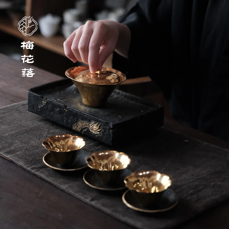 梅花落纯锡蓄水壶承仿古长方形茶托描金龙雕底托配件古朴冉物手作