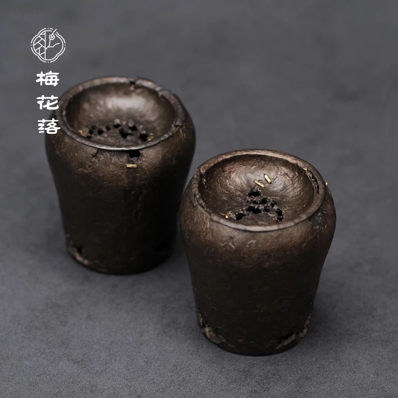 梅花落纯锡虫噬建水带盖仿古蓄水渣斗茶洗茶海侘寂风茶盂冉物手作