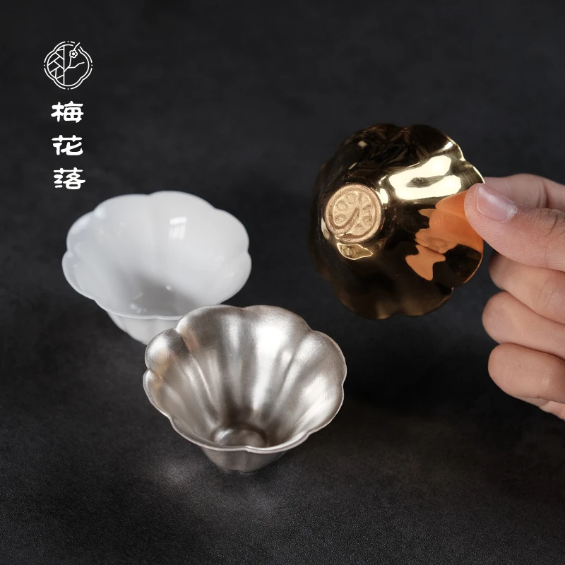 梅花落拟古花口杯白瓷银釉薄胎杯主人杯梅花杯葛玲玉手作品茗杯