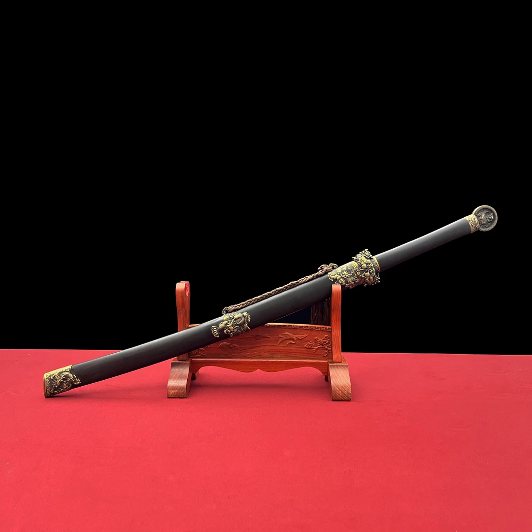 龙泉沈广隆-祥麟战刀 黄铜 黑檀木 花纹钢手工锻打 宝剑 未开刃